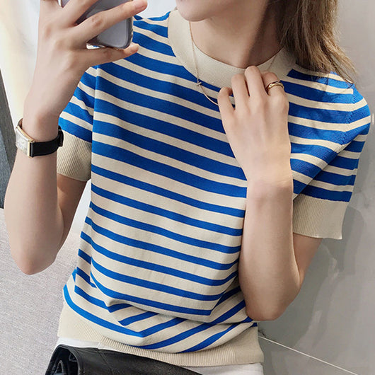 Blusa Holgada Ice Silk a Rayas con Cuello Redondo para Mujer - Image 3