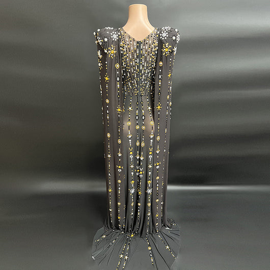 Vestido de Noche Largo Negro Brillante con Detalles de Diamantes - Image 12