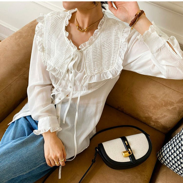 Blusa Tencel Coreana Mujer Primavera Blanco Francés Diseño Elegante