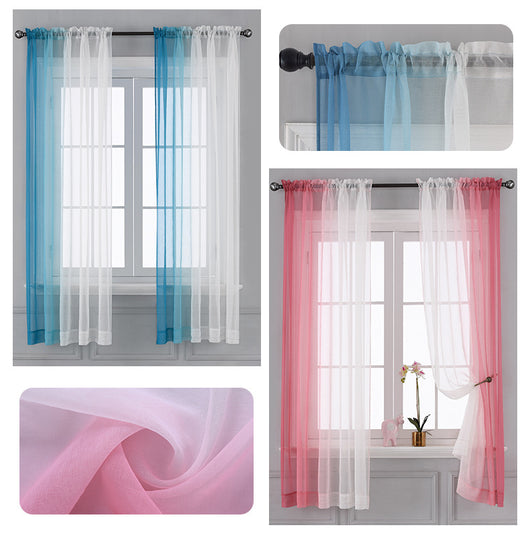 Pink and white gradient sheer rod pocket curtain panels hung on a black rod in front of a window. - Image 15