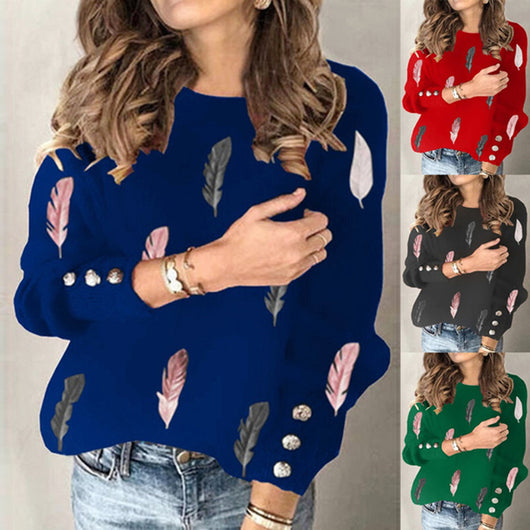 Suéter Tejido Cuello Redondo con Estampado de Plumas para Mujer - Image 11
