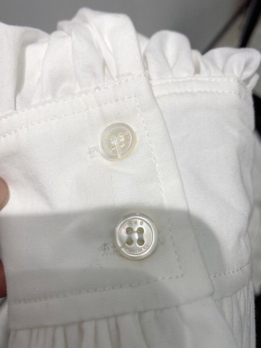 Camisa Blanca de Lino con Solapa Ancha y Bordado Retro de Loto Calado - Image 7