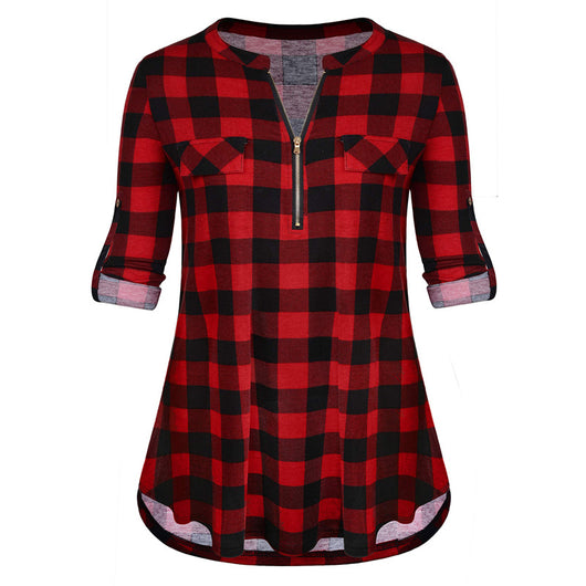 Blusa de Cuadros con Cremallera Rizada de Manga Larga - Image 4