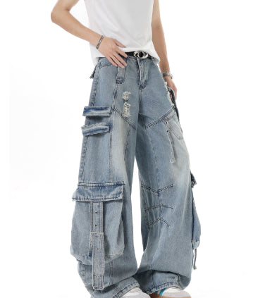 Pantalones Cargo Denim Deconstruidos Estilo Americano Unisex - Image 5