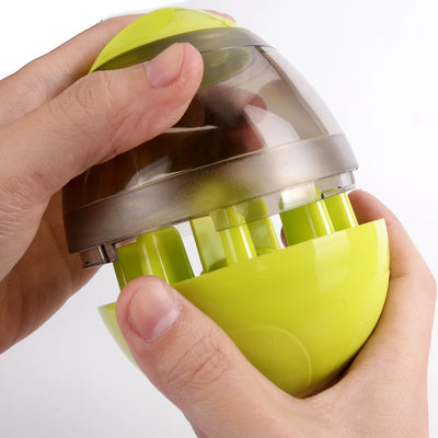 Lime green and transparent egg-shaped pet food dispenser toy, 100mm wide and 117mm tall, for slow feeding. - Image 7