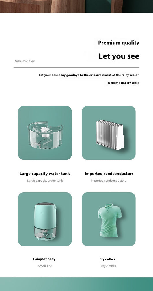 White compact dehumidifier with a transparent water tank, featuring a top grille and a power button. Highlights smart start, defrost, night mode, and quiet oper - Image 19