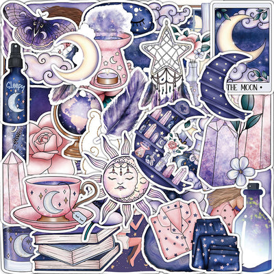 50-piece pack of mystical graffiti stickers featuring moons, stars, tarot cards, crystals, and butterflies in purple, pink, and blue. - Image 10
