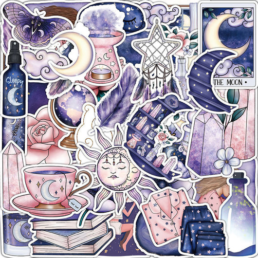 50-piece pack of mystical graffiti stickers featuring moons, stars, tarot cards, crystals, and butterflies in purple, pink, and blue. - Image 10