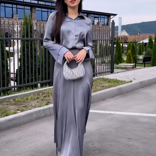 Conjunto de Falda y Blusa de Satén Elegante con Mangas Largas