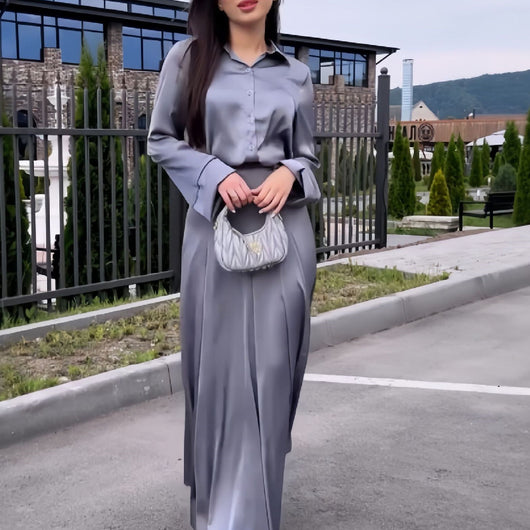 Conjunto de Falda y Blusa de Satén Elegante con Mangas Largas