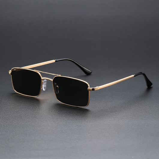 Black rectangular sunglasses with a double beam and dark gray lenses, angled on a white background.
