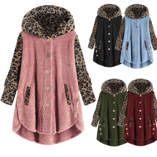 Abrigo Largo con Capucha y Empalme de Leopardo en Felpa para Mujer