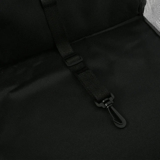 Light grey pet car booster seat with black mesh sides and adjustable straps, installed on a black and red car seat. - Image 31