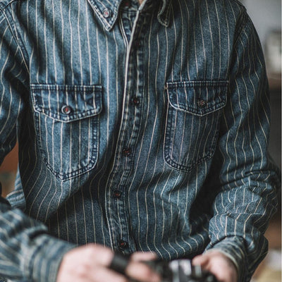 Camisa Denim Vintage a Rayas Verticales Manga Larga para Hombre - Image 3