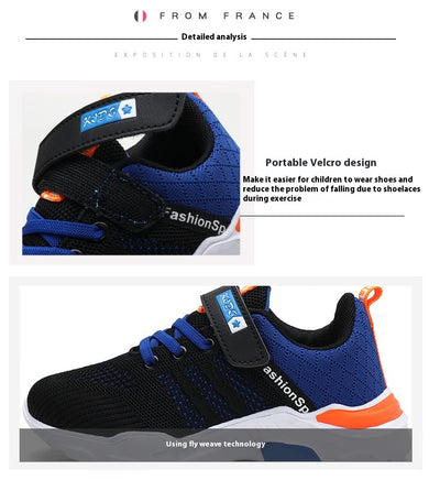 Boy's black and blue sports shoes with orange accents, mesh upper, white sole, blue laces, and a Velcro strap. - Image 9