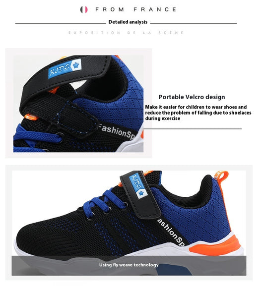 Boy's black and blue sports shoes with orange accents, mesh upper, white sole, blue laces, and a Velcro strap. - Image 9