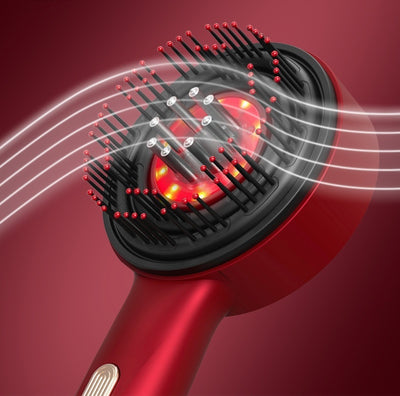 Black electric massage comb with red light therapy, black bristles, and a purple power button on a white background. - Image 5