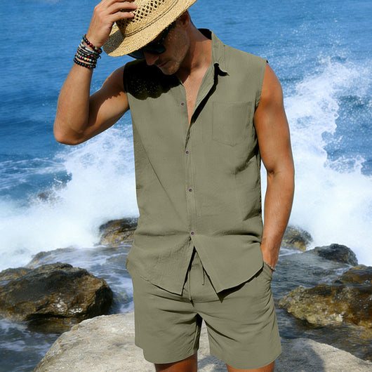 Conjunto de Camisa y Pantalones Cortos de Lino para Hombre - Image 38
