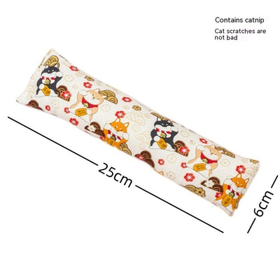Dark blue catnip pillow toy with white cat, fish, and paw print patterns, measuring 25cm long. - Image 12