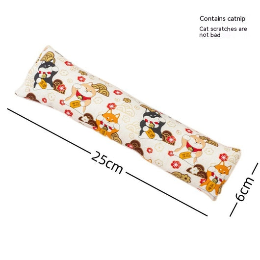 Dark blue catnip pillow toy with white cat, fish, and paw print patterns, measuring 25cm long. - Image 12