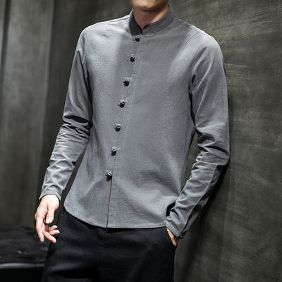 Camisa Manga Larga Talla Grande con Cuello Mao y Botones de Disco - Image 3