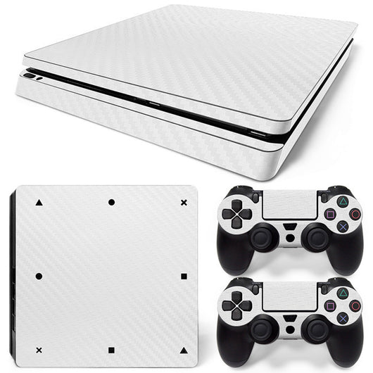Pink carbon fiber patterned stickers for a PS4 Slim console and two controllers, showing a woven texture. - Image 12