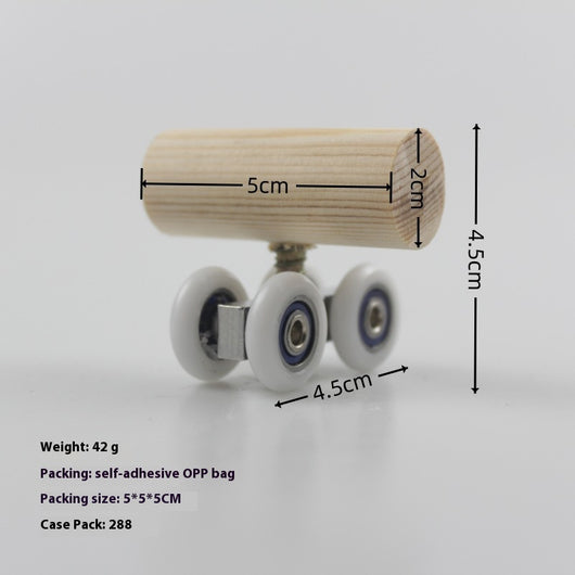 Wooden bird toy resembling a roller skate with a pine log body and four white wheels with metal bearings. - Image 6