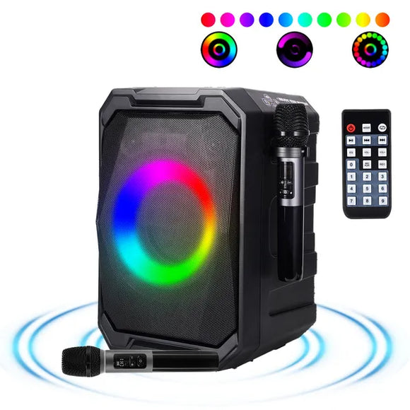 Parlante Portátil Inalámbrico para Fiestas con Luces LED, 2 Micrófonos y Control Remoto