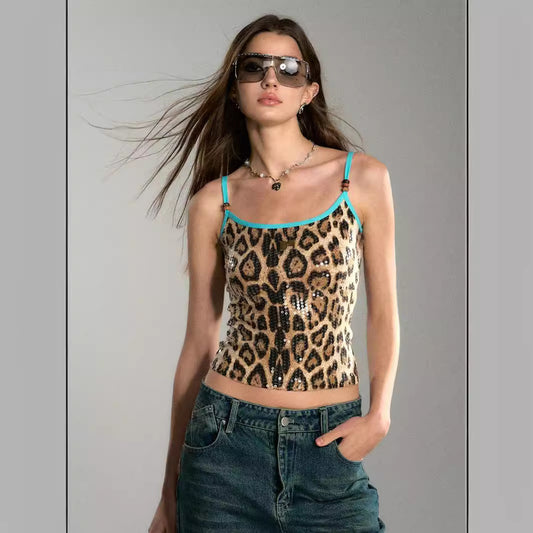 Chaleco Lentejuelas Estampado Leopardo con Tirantes Contraste