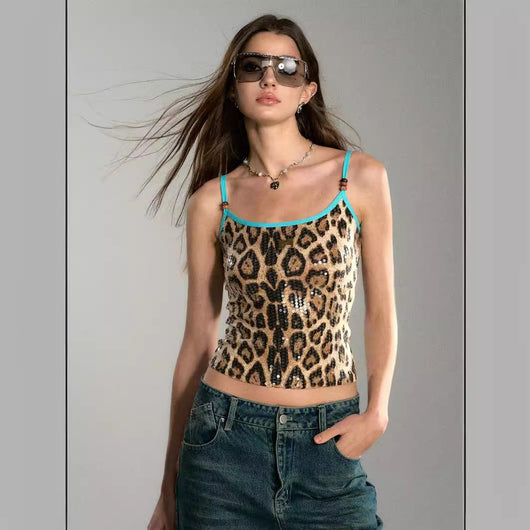 Chaleco Lentejuelas Estampado Leopardo con Tirantes Contraste