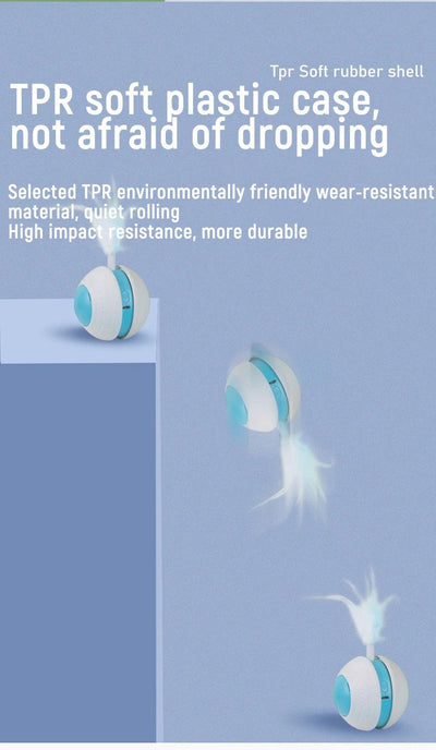 Electric pet toy ball with white and blue design, featuring a flexible arm with a blue feather teaser and a detachable feather. - Image 12
