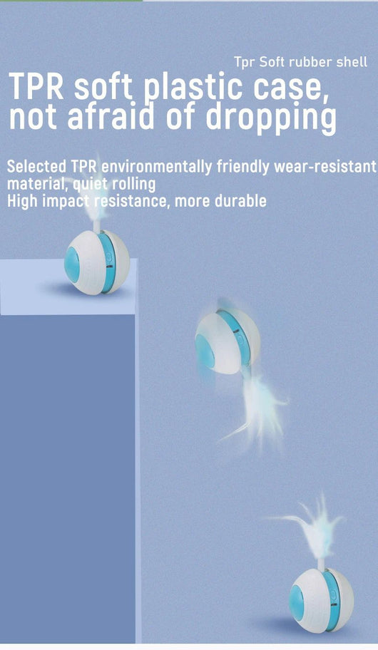 Electric pet toy ball with white and blue design, featuring a flexible arm with a blue feather teaser and a detachable feather. - Image 12
