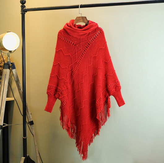Poncho Tejido Cuello Alto con Flecos - Abrigo Cálido para Otoño e Invierno - Image 8