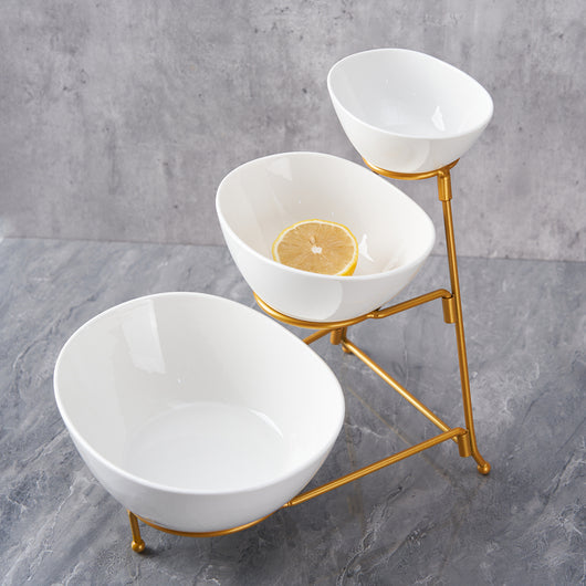 Frutero de Cerámica Dorado de Tres Niveles - Elegancia Minimalista para Hogar y Oficina