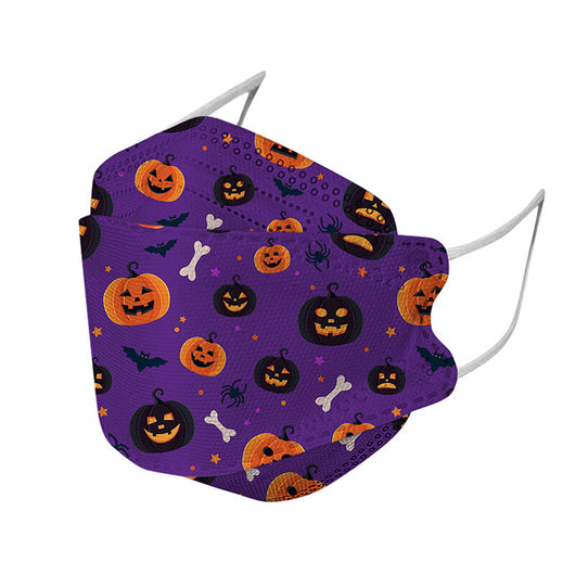 Two black KF94 Halloween masks with a pattern of dancing skeletons, purple bones, bats, and candy corn. - Image 3
