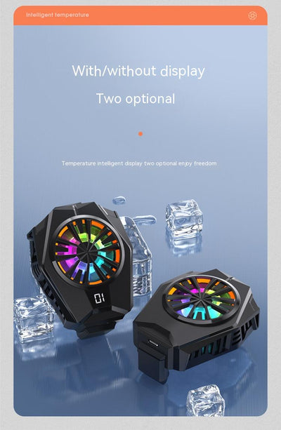 Black mobile phone cooling fan with colorful LED lights attached to the back of a silver smartphone. - Image 12