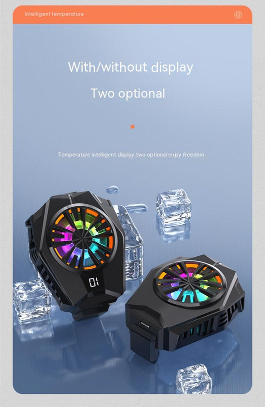Black mobile phone cooling fan with colorful LED lights attached to the back of a silver smartphone. - Image 12