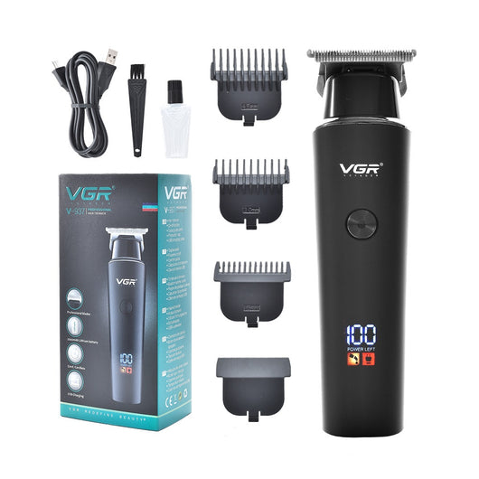 VGR V-937 electric hair clipper kit with LCD display, USB cable, cleaning brush, oil, and 1.5mm, 3.0mm, 4.5mm guide combs.