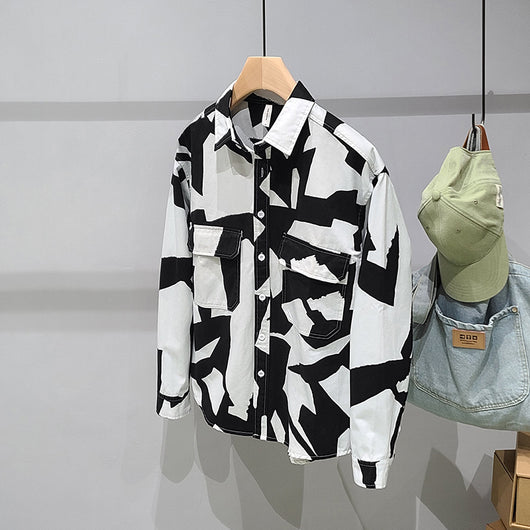 Chaqueta Camisa Manga Larga Geométrica Blanco y Negro para Hombre - Image 10
