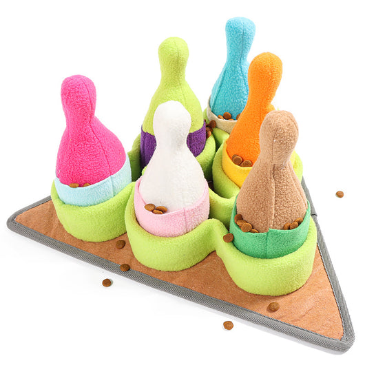 Colorful pet puzzle toy with bowling pin shapes and a chicken drumstick, designed for slow feeding and training. - Image 3
