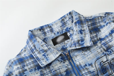 Chamarra de Cuadros Teñida Anudada con Detalles Desgastados para Hombre - Image 13