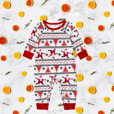 White baby romper with red and black Fair Isle pattern, Santa Claus, and Christmas trees, long sleeves, round neck. - Image 5