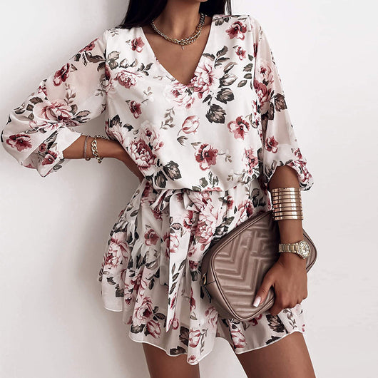 Vestido Corto Estilo Europeo Cintura Alta con Escote en V y Estampado Fresco - Image 8