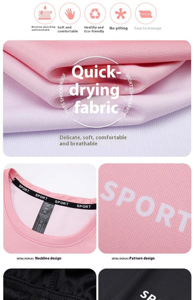 Purple and white gradient short-sleeve t-shirt with 'SPORT' text and black athletic shorts for women. - Image 22