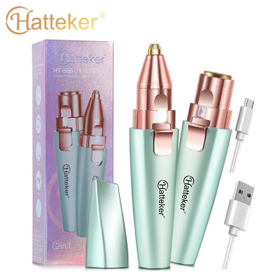 Two mint green and rose gold 2-in-1 electric eyebrow shaping devices with USB cables and packaging. - Image 5