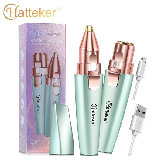 Two mint green and rose gold 2-in-1 electric eyebrow shaping devices with USB cables and packaging. - Image 5