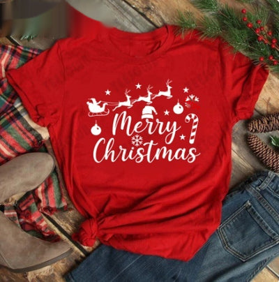 Red women's t-shirt with "Merry Christmas" text and three Christmas trees, featuring buffalo plaid and leopard print. - Image 21