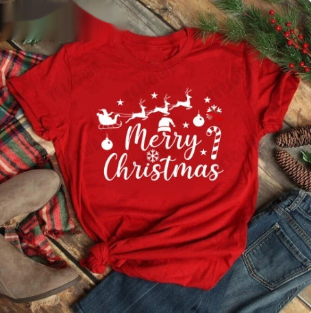Red women's t-shirt with "Merry Christmas" text and three Christmas trees, featuring buffalo plaid and leopard print. - Image 21