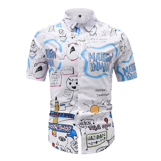 Camisa Suelta de Verano para Hombre con Estampado Gráfico y Cuello Solapa