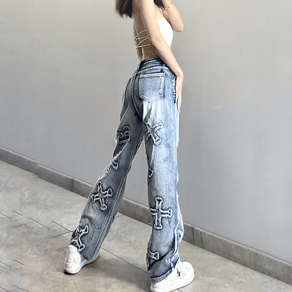 Jeans Rectos con Parche de Letra Personalizada Street